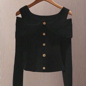 Black Off-Shoulder Top with Gold Buttons